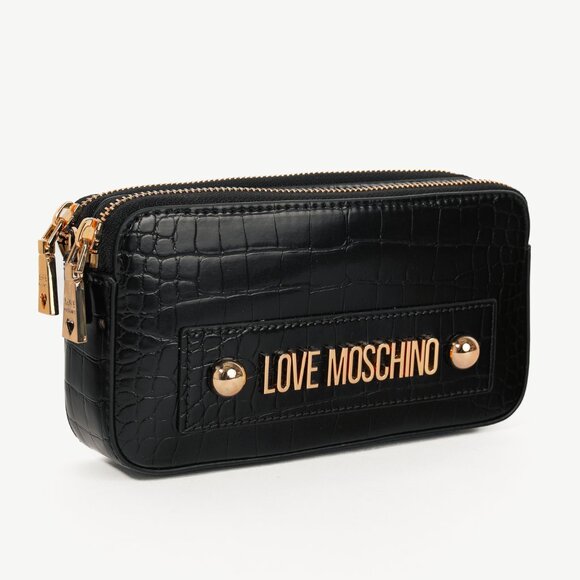 Love Moschino Nero PU Croco Logo-Plaque Zip Around Crossbody Bag - Picture 2 of 13